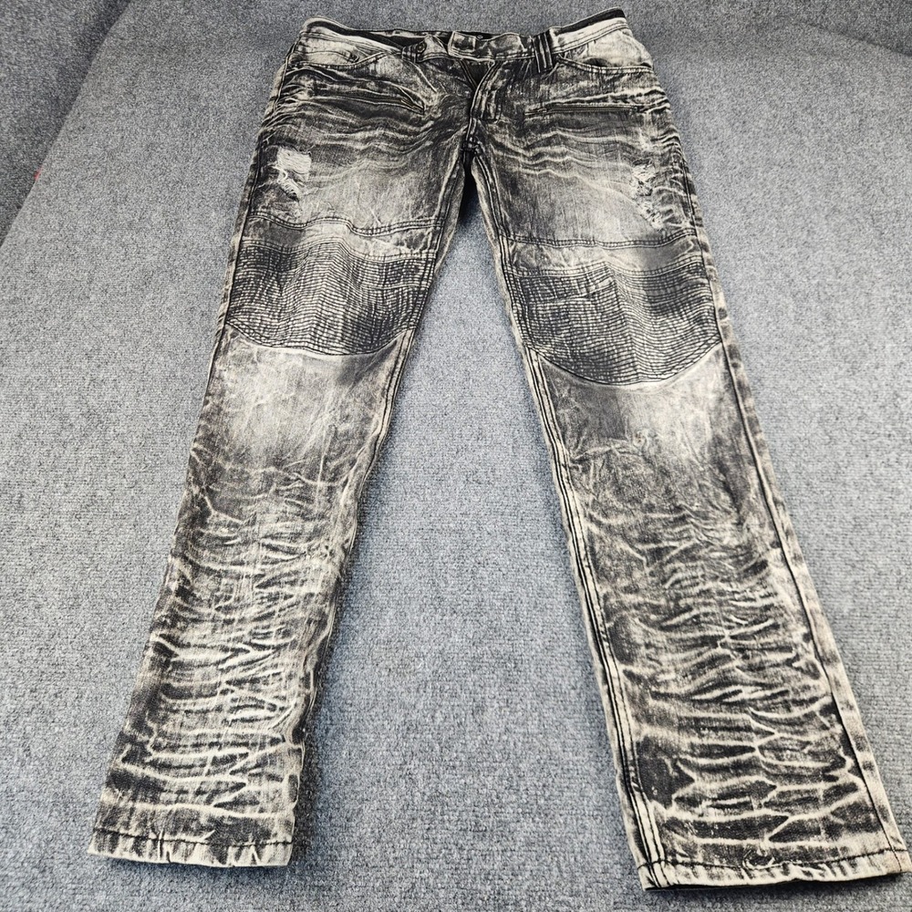 Makobi Mens Biker Jeans Grey Black Acid Wash Moto Denim Distressed M1766 36x34